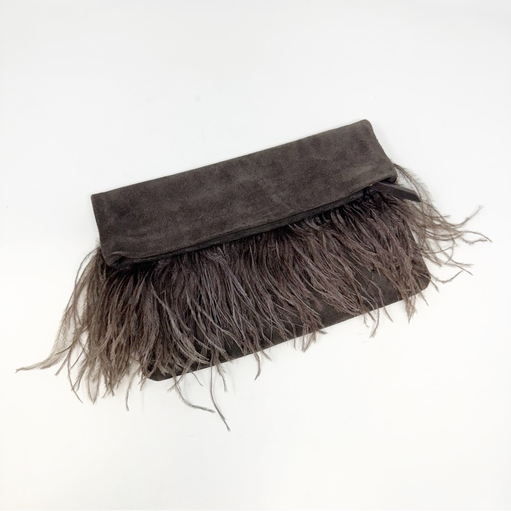 Banana Republic Feathered MEDIUM FOLDOVER FRINGE CLUTCH Brown Suede